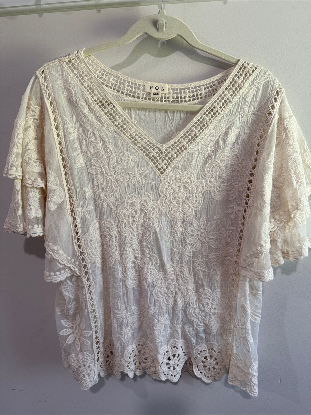 POL Cream Lace V-Neck Tunic with Floral Embroidery